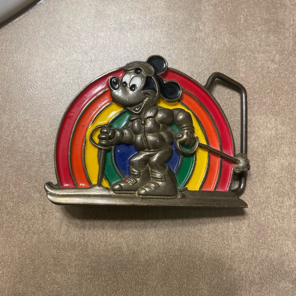 Vintage Disney Mickey Mouse Skiing Brass Belt Buckle